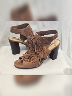 SAM EDELMAN Elaine Tan Fringe Suede Heel Sandals 8 Boho Western Festival Western